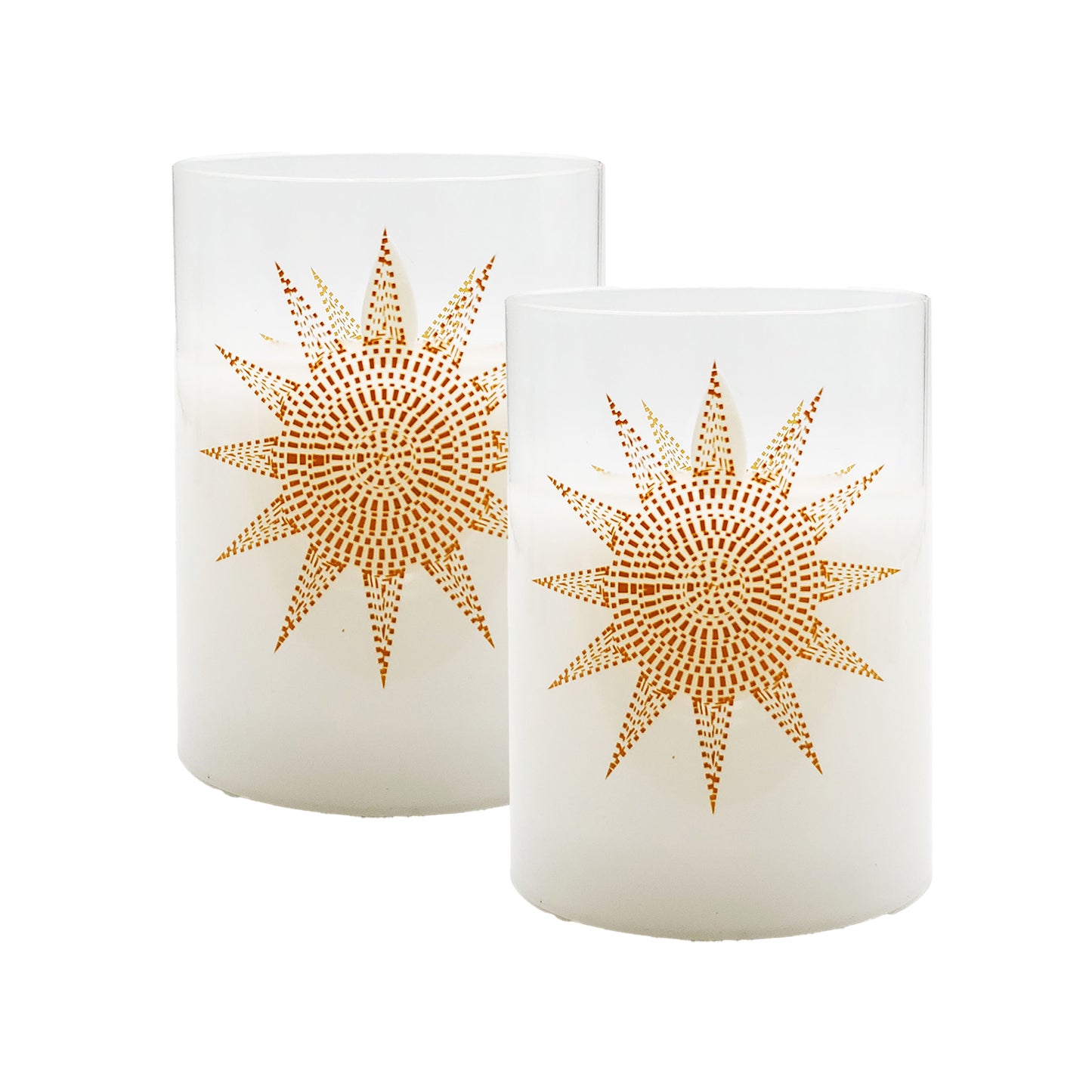 Battery Operated Glass LED Candles with Flickering Flame, Mosaic Sun - Set of 2