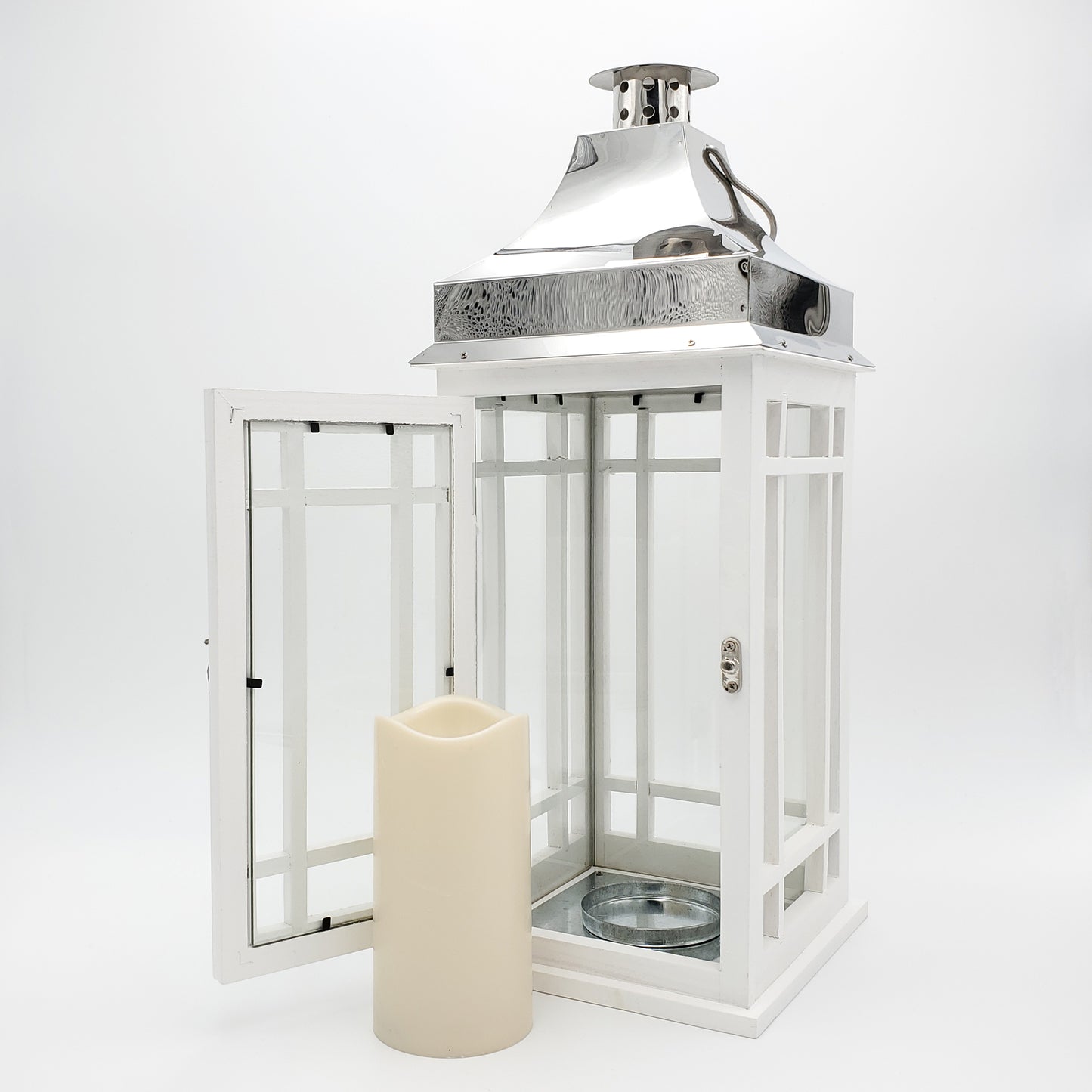 Wooden Lantern with Battery-Operated Candle - White with Chrome Roof
