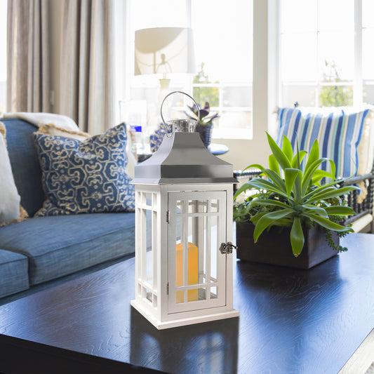 Wooden Lantern with Battery-Operated Candle - White with Chrome Roof