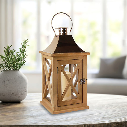 Wooden Lantern with Battery-Operated Candle - Natural with Copper Roof