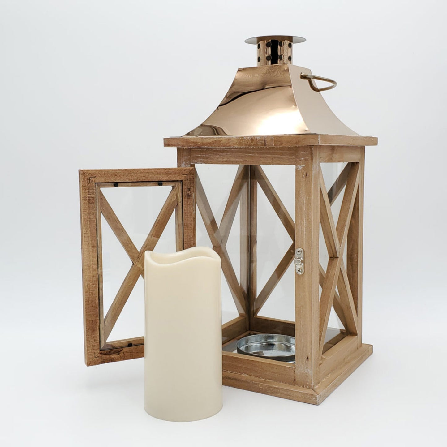 Wooden Lantern with Battery-Operated Candle - Natural with Copper Roof