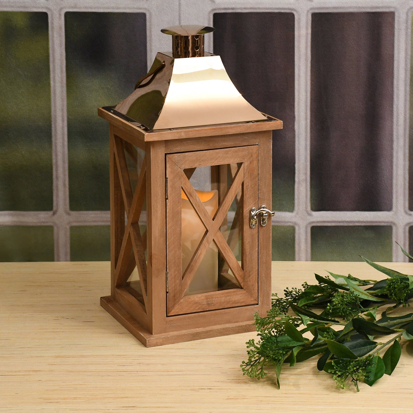 Wooden Lantern with Battery-Operated Candle - Natural with Copper Roof
