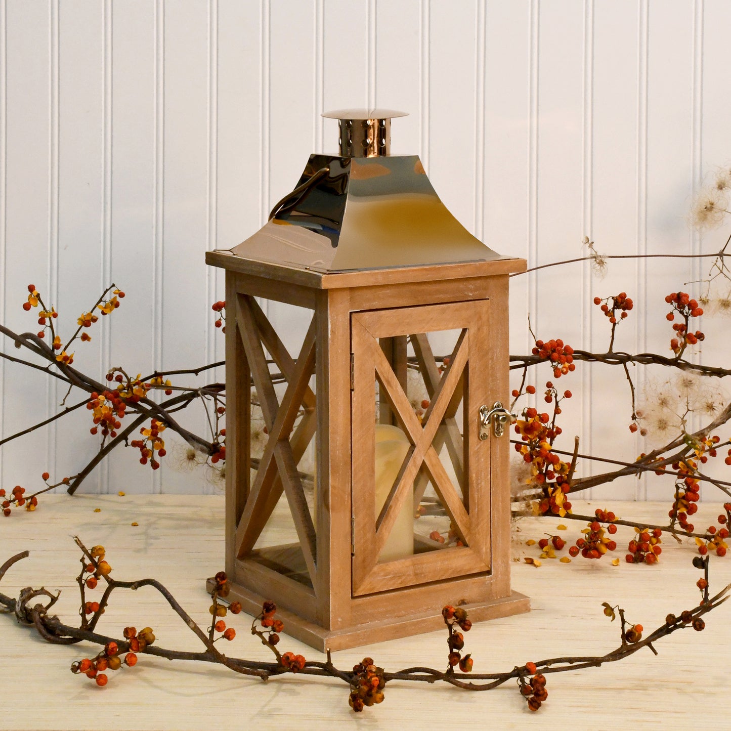 Wooden Lantern with Battery-Operated Candle - Natural with Copper Roof
