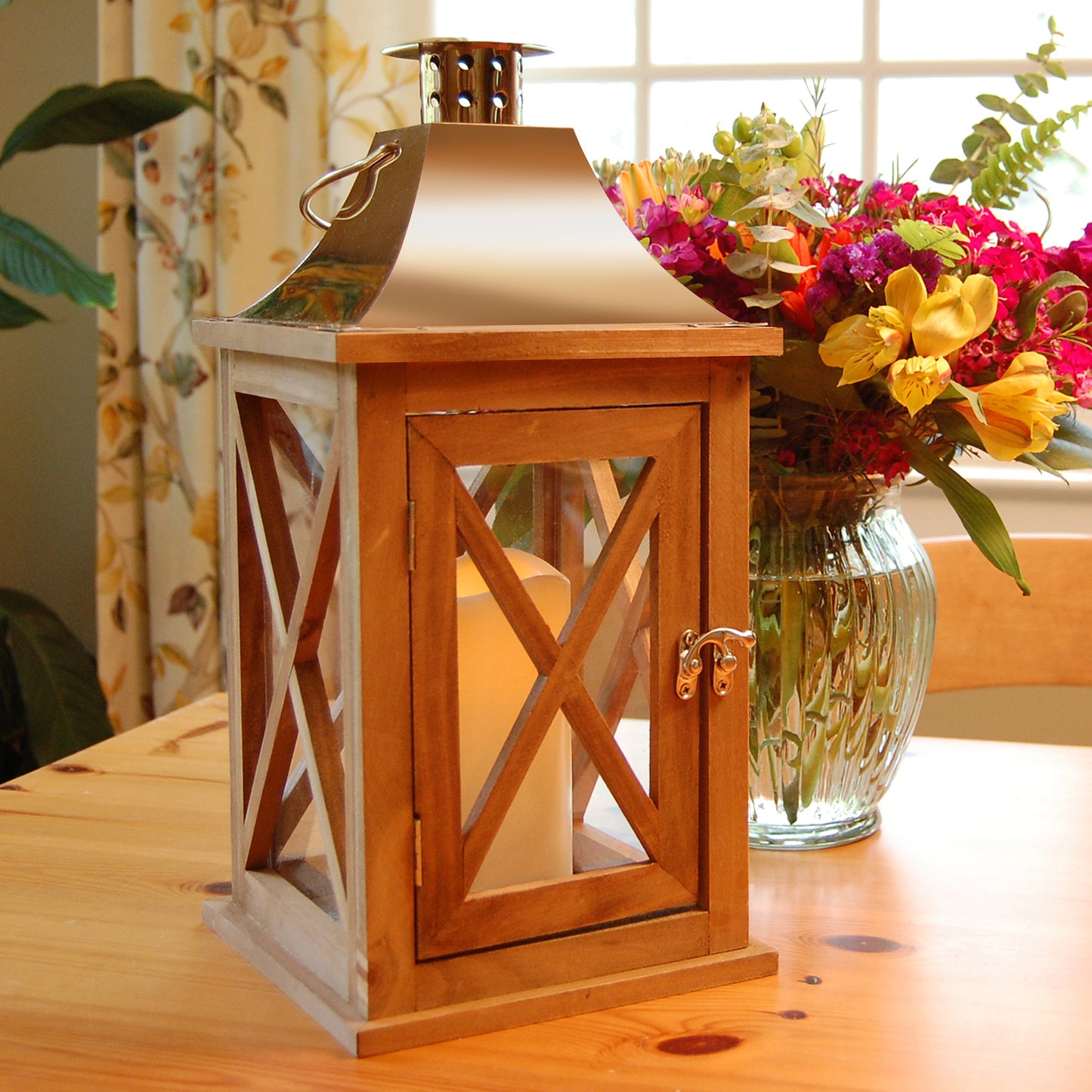 Wooden Lantern with Battery-Operated Candle - Natural with Copper Roof