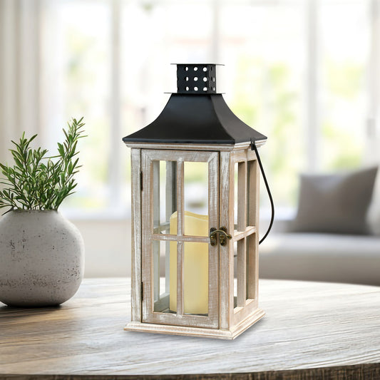 Wooden Lantern with Battery-Operated Candle - White-Washed with Black Roof