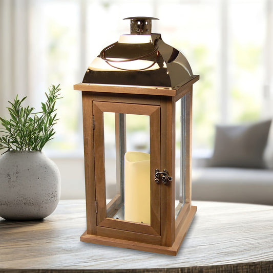 Wooden Lantern with Battery-Operated Candle - Brown with Copper Roof