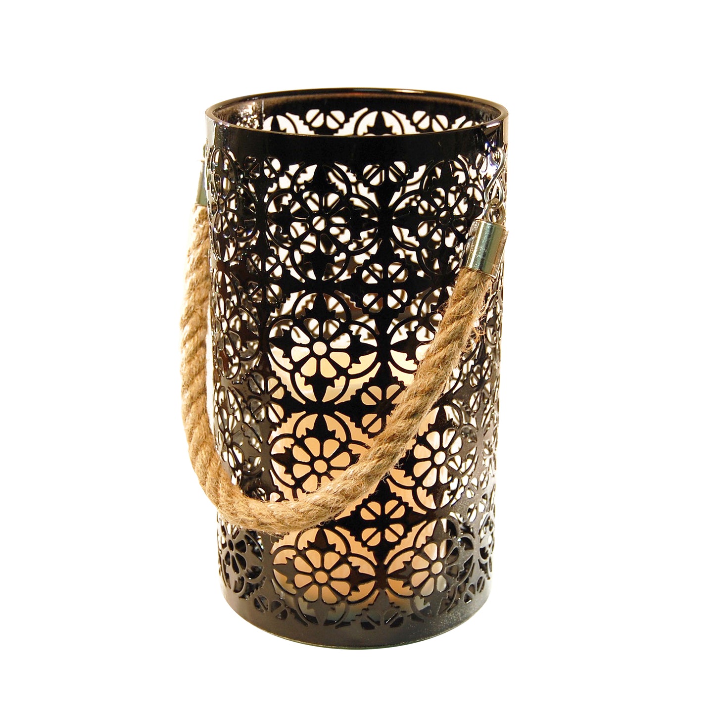 Metal Lantern with Battery-Operated Candle - Black Jacquard