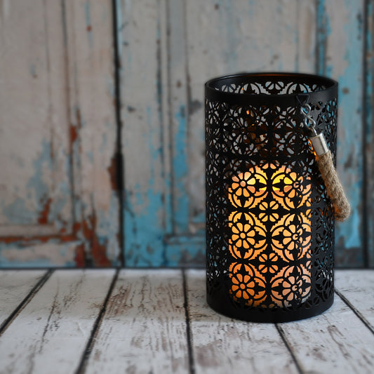 Metal Lantern with Battery-Operated Candle - Black Jacquard