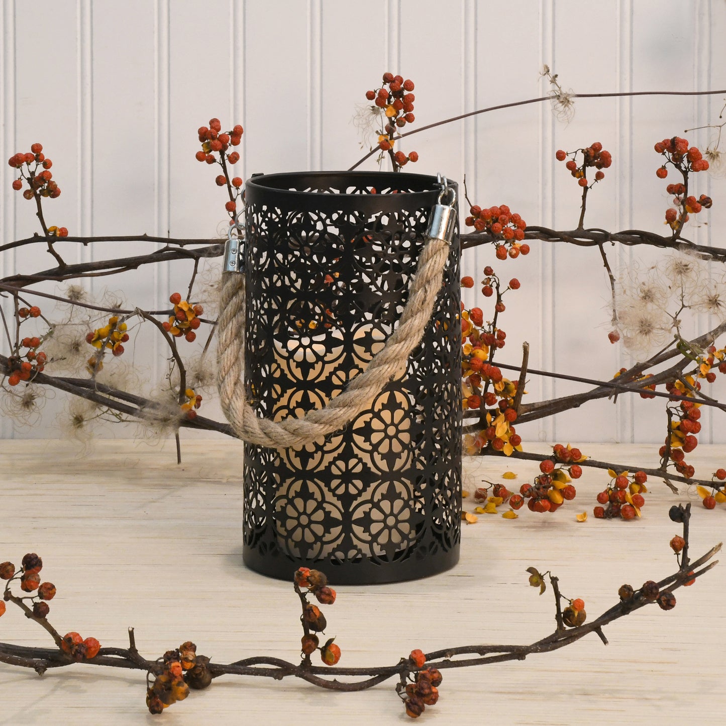 Metal Lantern with Battery-Operated Candle - Black Jacquard