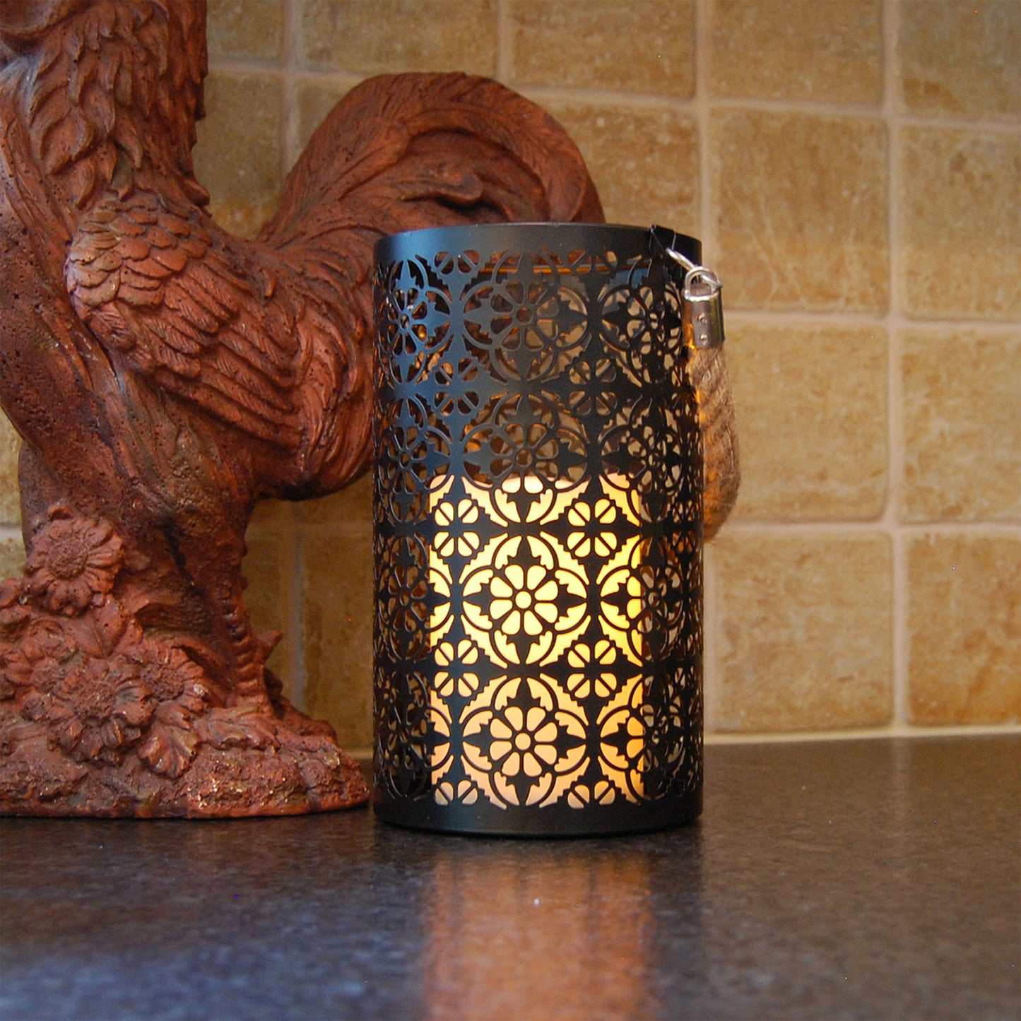 Metal Lantern with Battery-Operated Candle - Black Jacquard