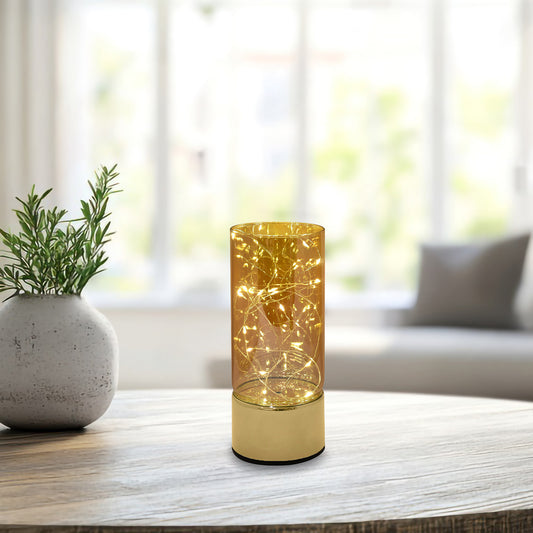 Glass Hurricane with Battery-Operated Fairy String Lights