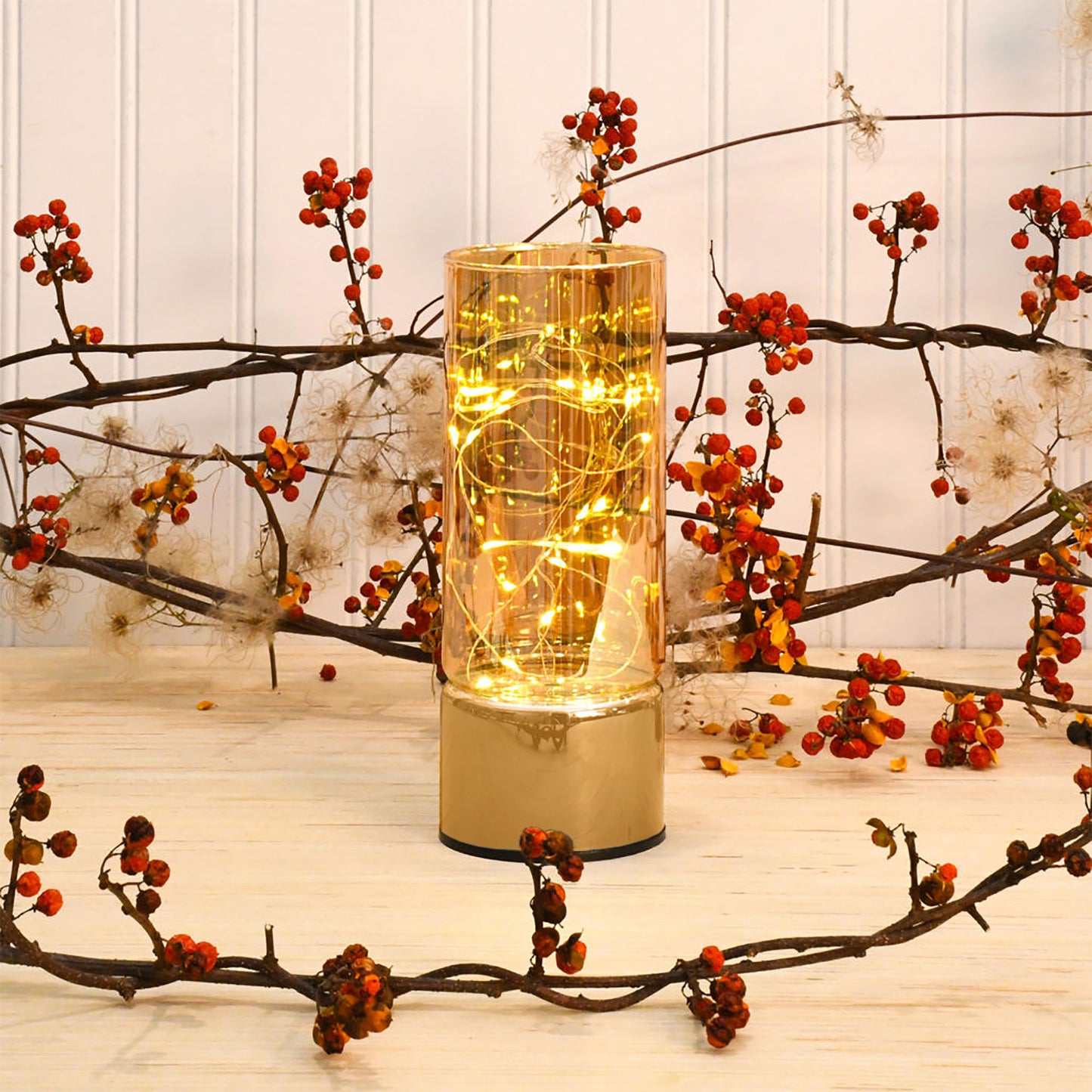 Glass Hurricane with Battery-Operated Fairy String Lights