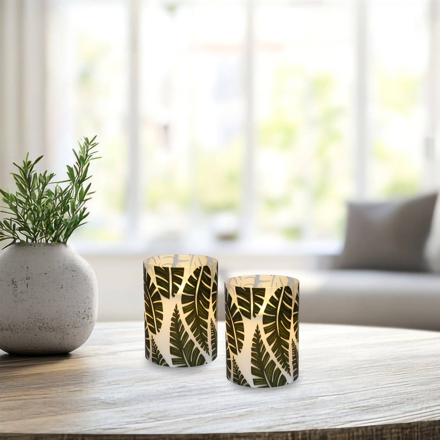 Battery Operated LED Glass Candles with Flickering Flame, Ferns - Set of 2