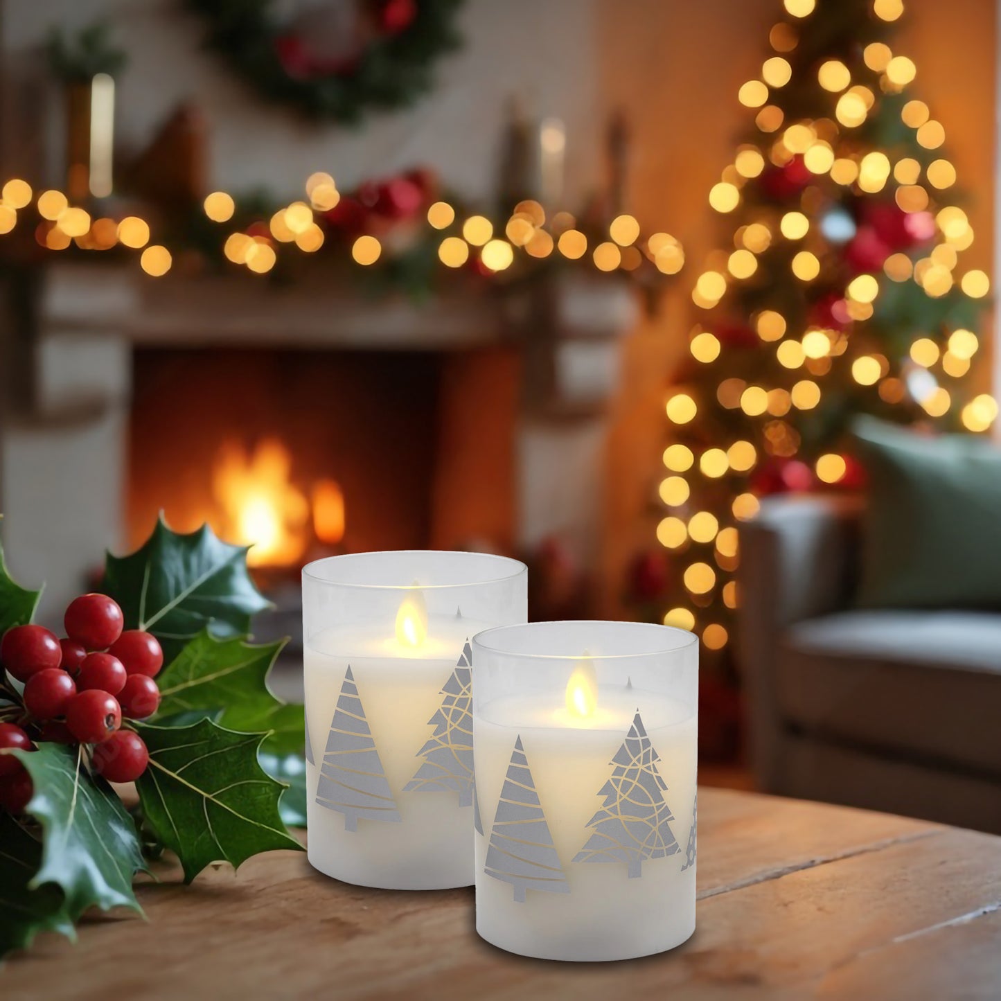 Battery Operated Glass LED Candles, Christmas Trees - Set of 2