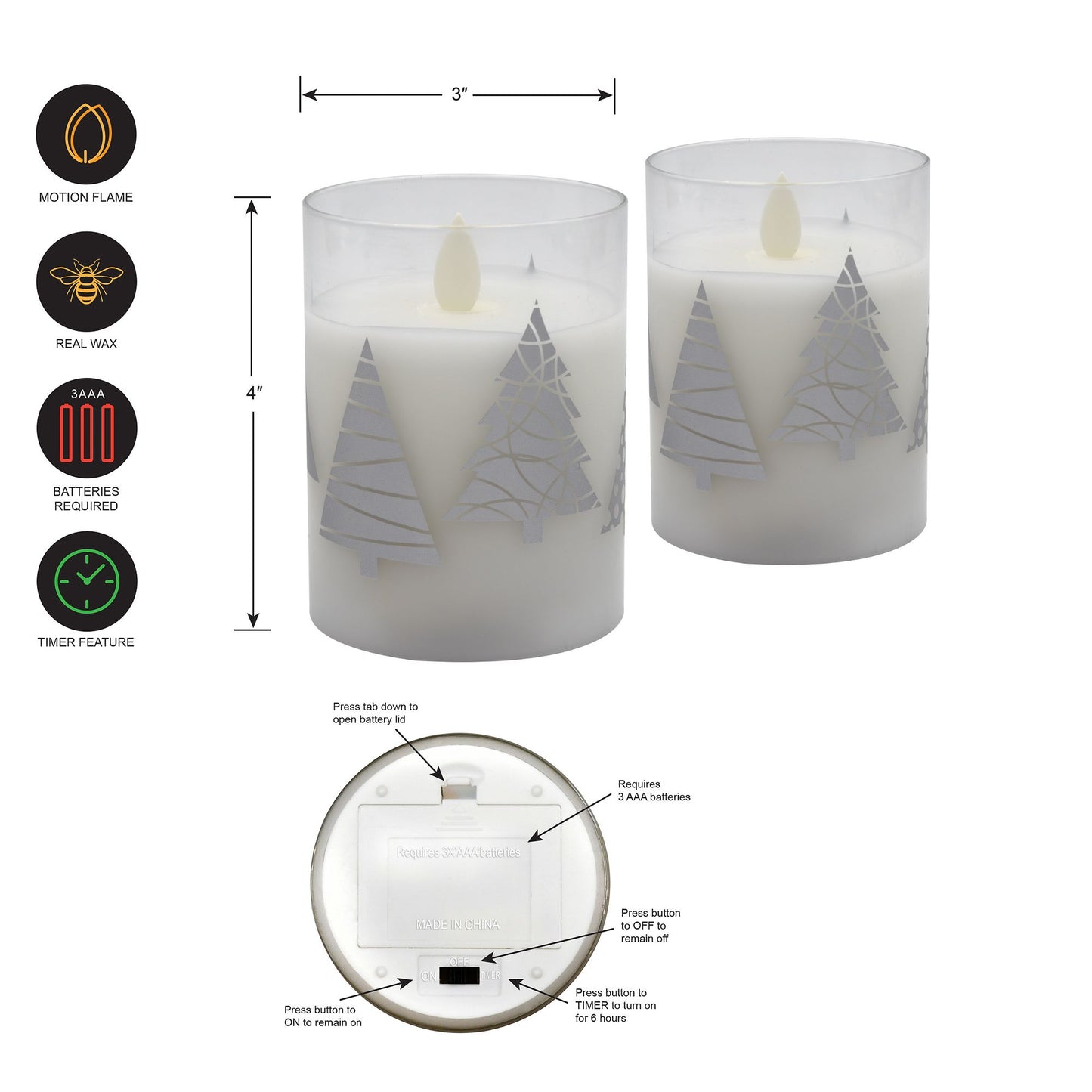Battery Operated Glass LED Candles, Christmas Trees - Set of 2