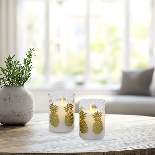 Battery Operated LED Glass Candles with Flickering Flame, Gold Pineapple - Set of 2