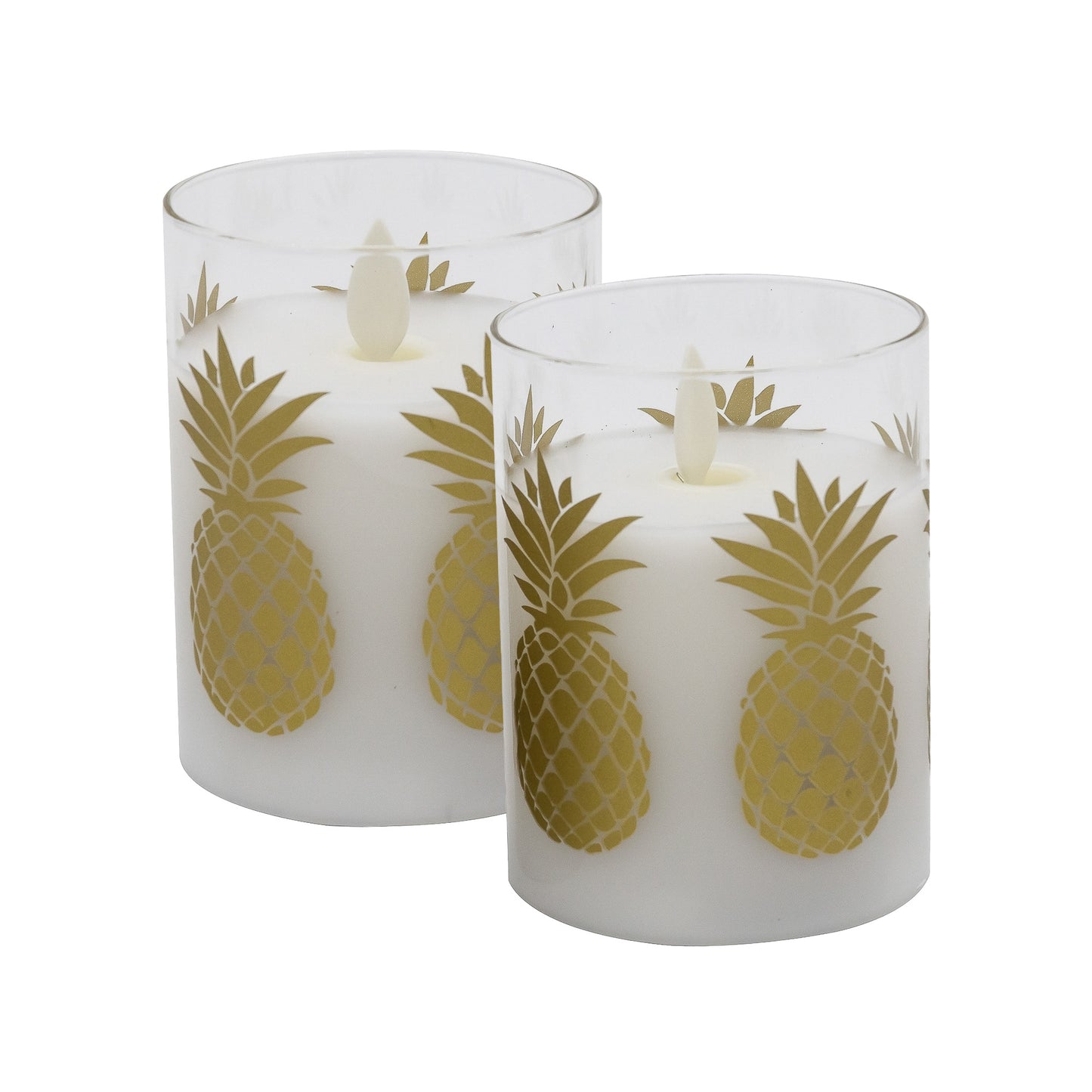 Battery Operated LED Glass Candles with Flickering Flame, Gold Pineapple - Set of 2