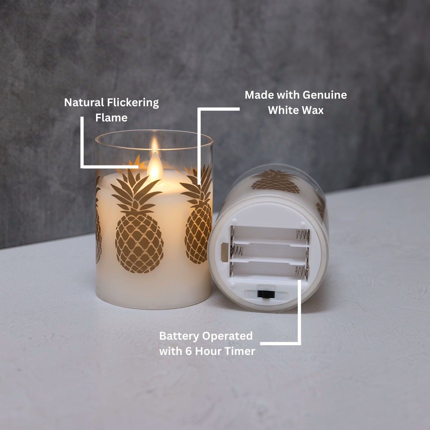 Battery Operated LED Glass Candles with Flickering Flame, Gold Pineapple - Set of 2