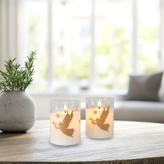 Battery-Operated LED Glass Candles with Flickering Flame, Gold Angels - Set of 2