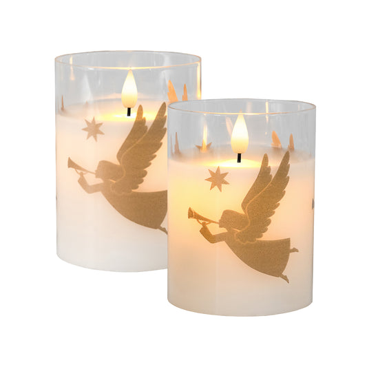 Battery-Operated LED Glass Candles with Flickering Flame, Gold Angels - Set of 2