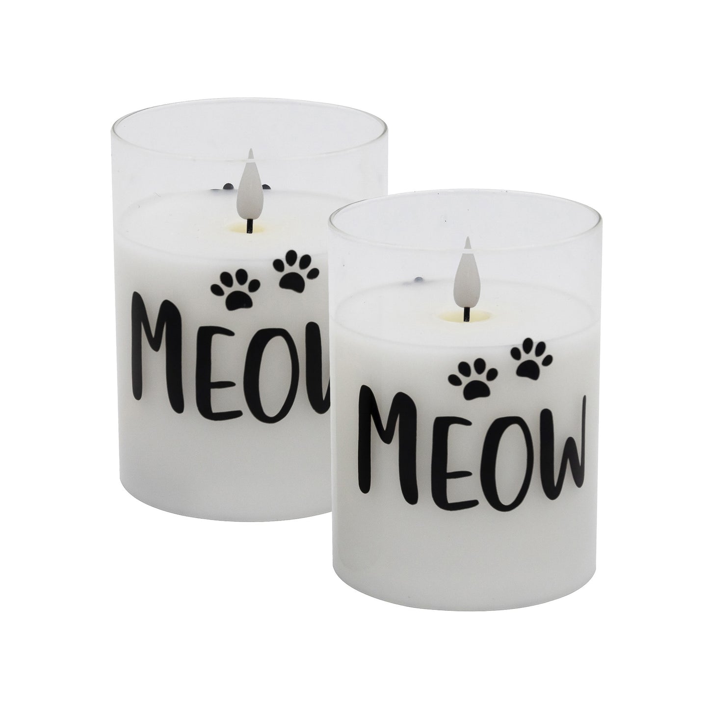 Battery-Operated LED Glass Candles with Flickering Flame, Meow - Set of 2