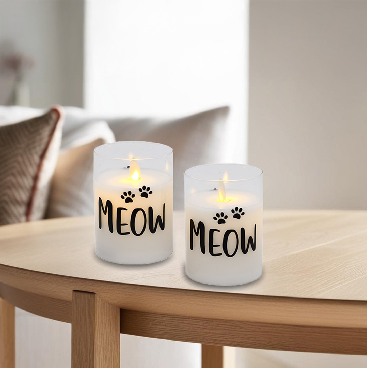 Battery-Operated LED Glass Candles with Flickering Flame, Meow - Set of 2