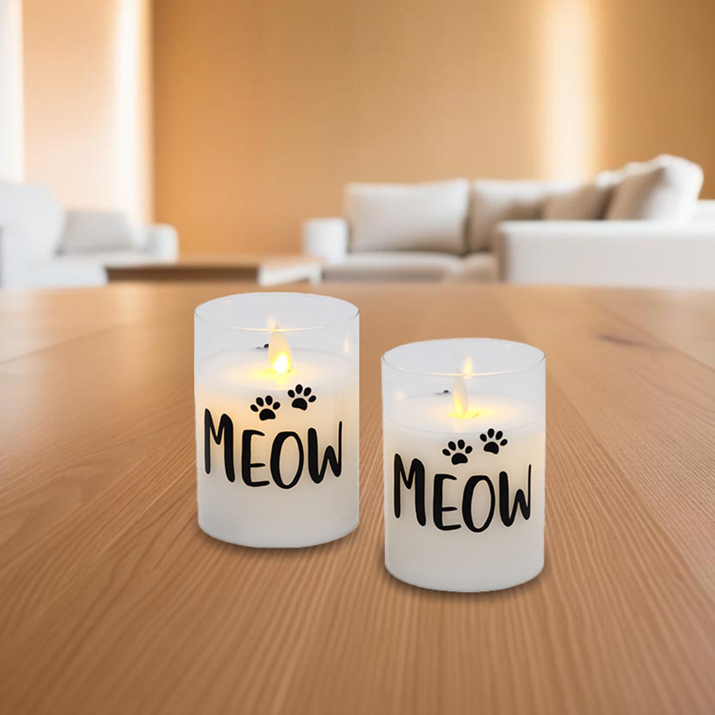 Battery-Operated LED Glass Candles with Flickering Flame, Meow - Set of 2