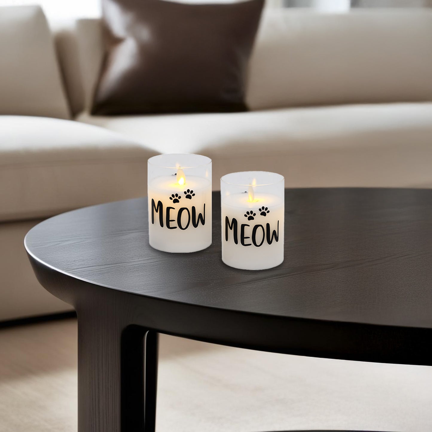Battery-Operated LED Glass Candles with Flickering Flame, Meow - Set of 2