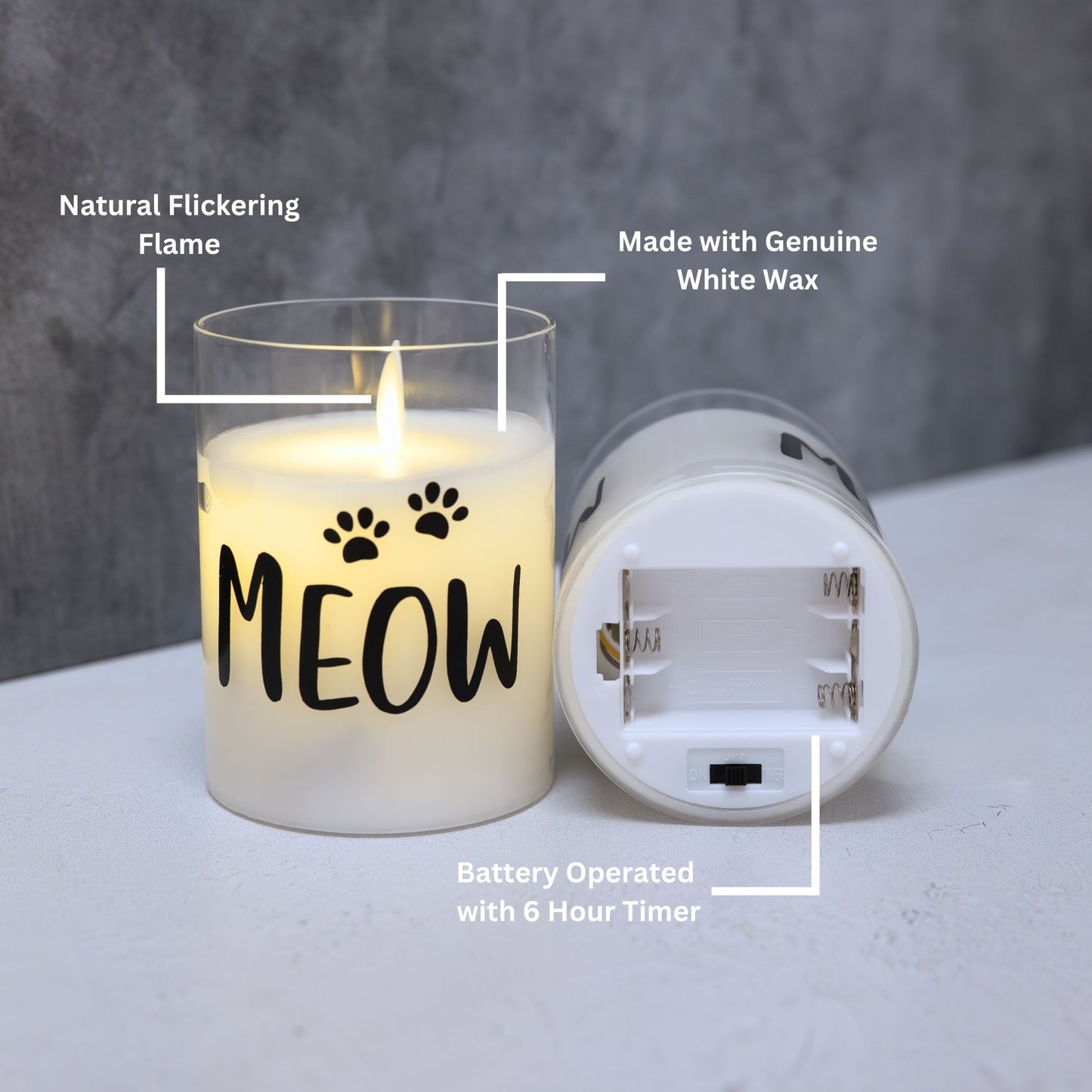 Battery-Operated LED Glass Candles with Flickering Flame, Meow - Set of 2
