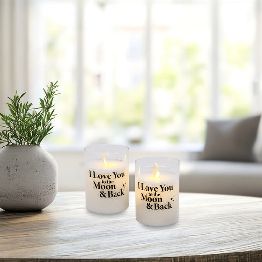 Battery Operated Glass LED Candles, I Love You to the Moon and Back - Set of 2