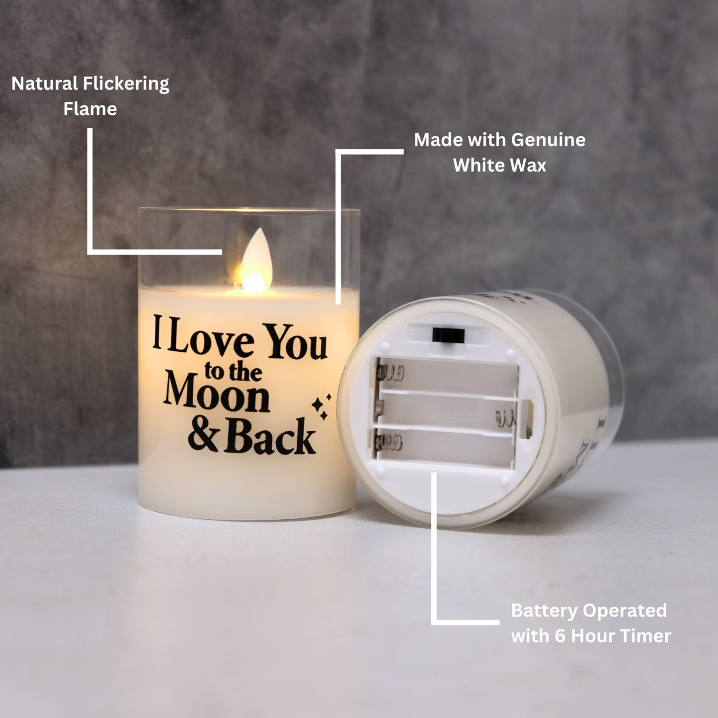 Battery Operated Glass LED Candles, I Love You to the Moon and Back - Set of 2