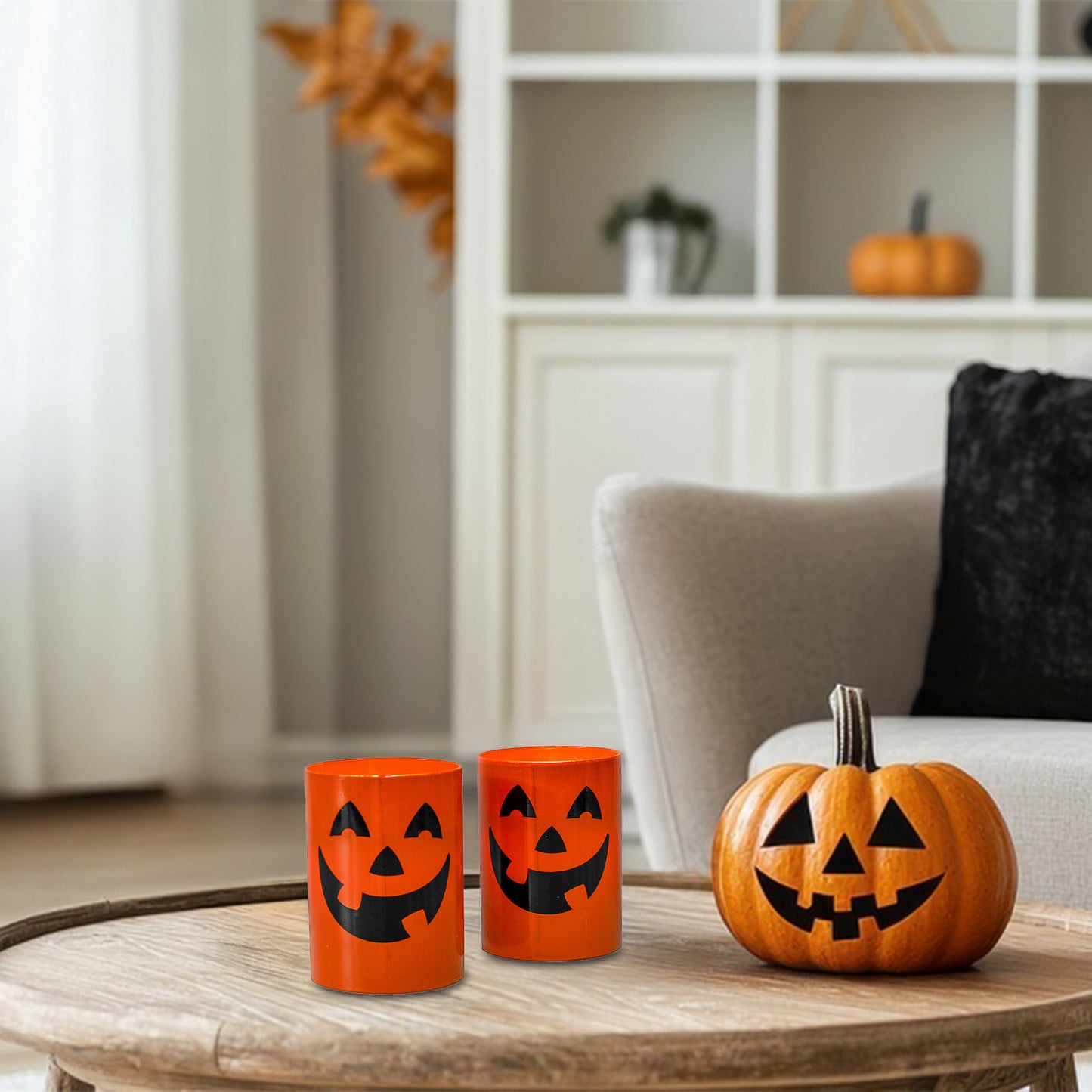 Battery Operated Glass LED Candles, Jack O' Lantern - Set of 2