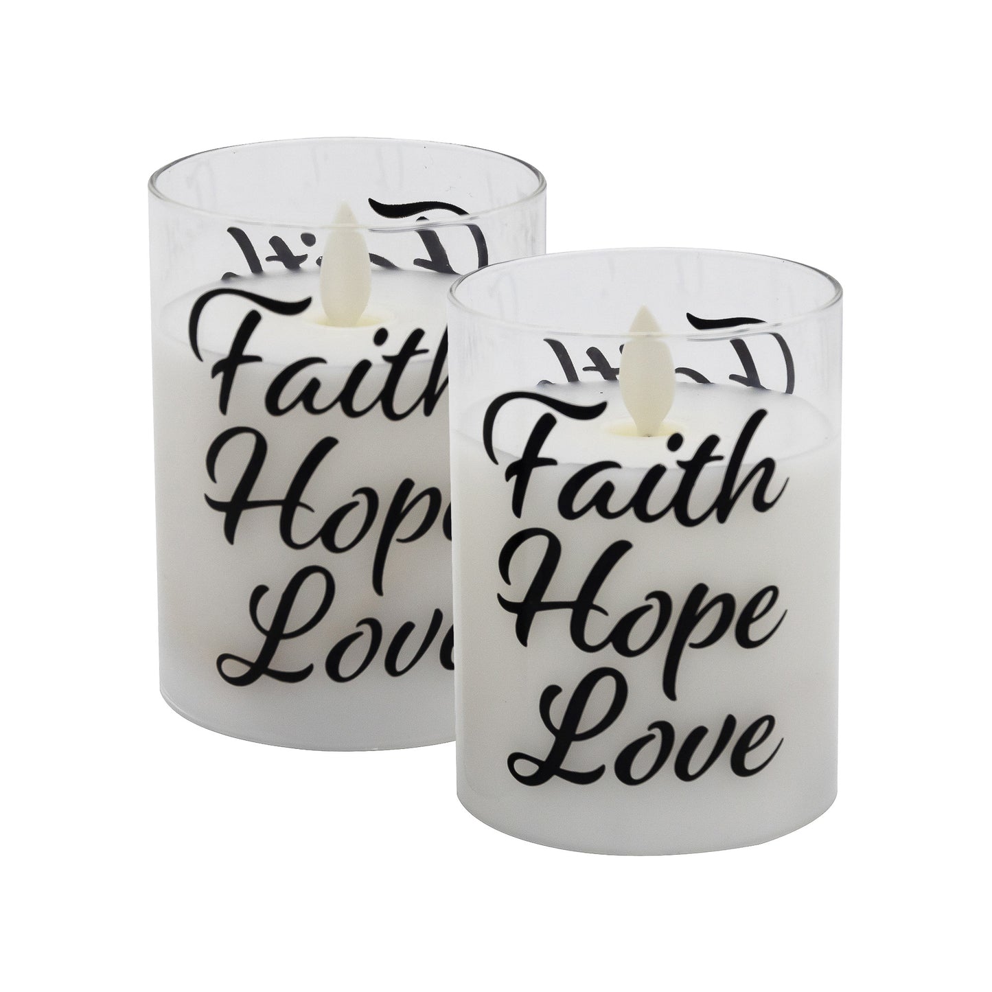 Battery Operated Glass LED Candles with Flickering Flame, Faith Hope Love - Set of 2
