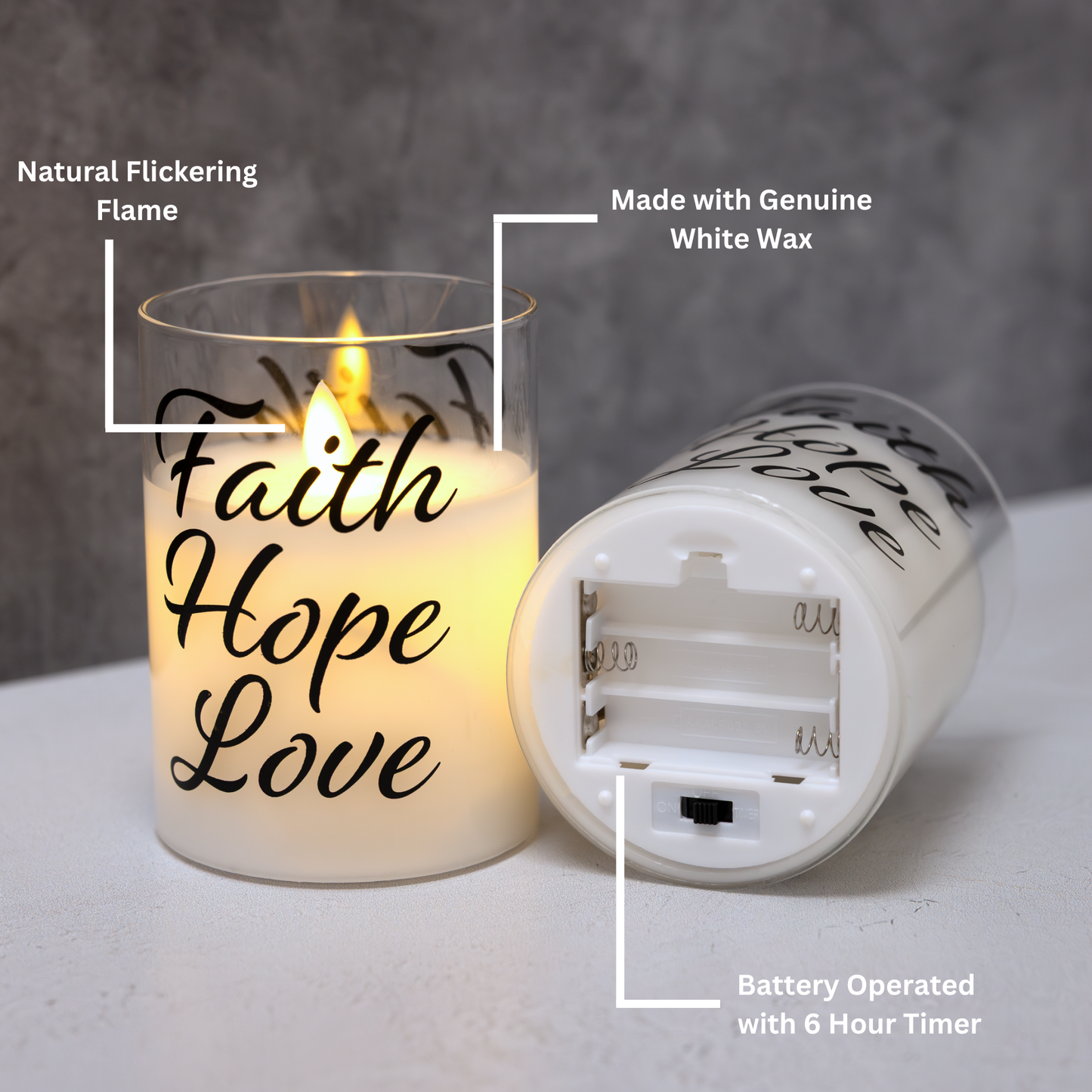 Battery Operated Glass LED Candles with Flickering Flame, Faith Hope Love - Set of 2
