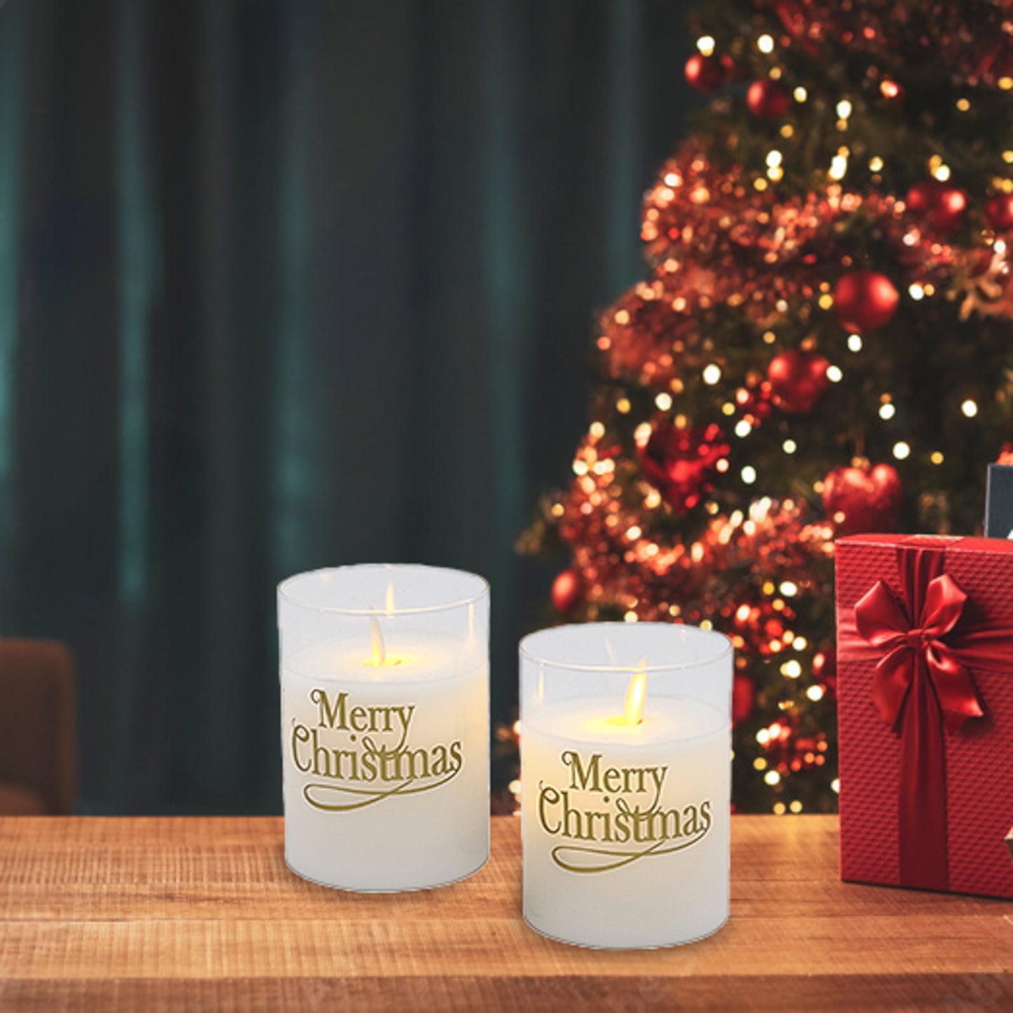 Battery Operated Glass LED Candles with Flickering Flame, Merry Christmas - Set of 2
