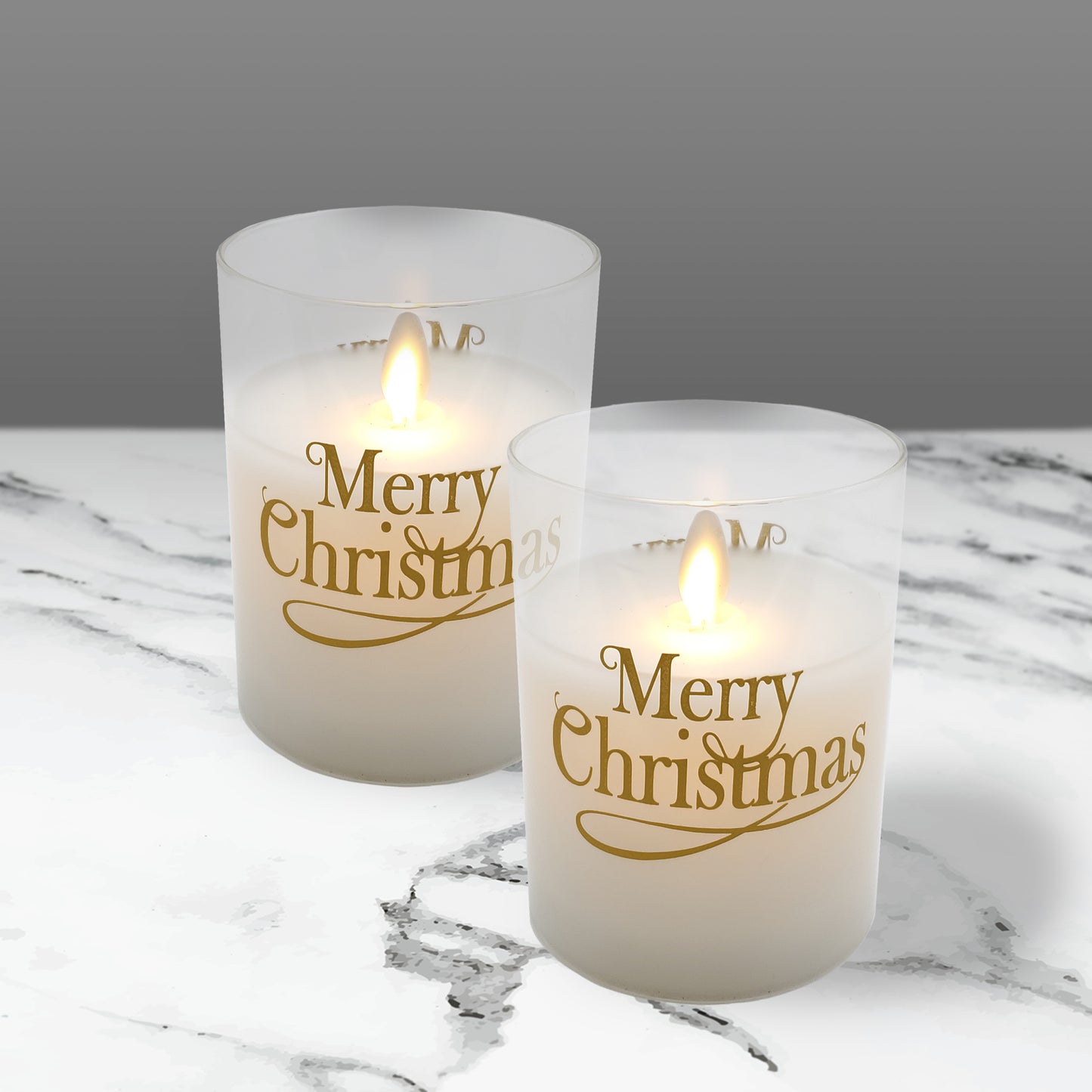 Battery Operated Glass LED Candles with Flickering Flame, Merry Christmas - Set of 2