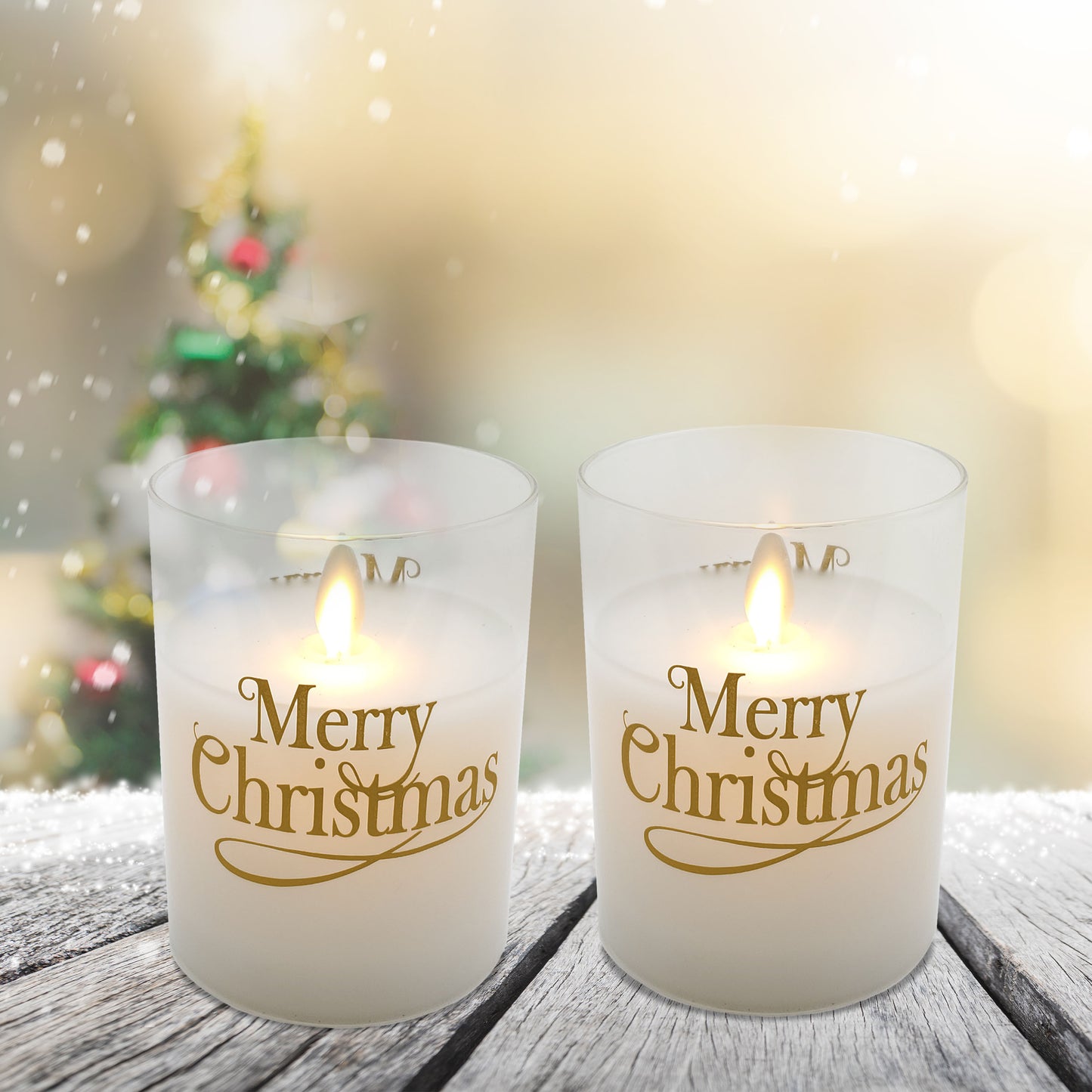 Battery Operated Glass LED Candles with Flickering Flame, Merry Christmas - Set of 2
