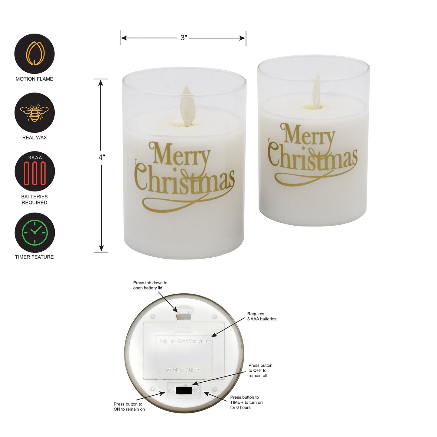 Battery-Operated LED Glass Candles with Flickering Flame, Merry Christmas - Set of 2
