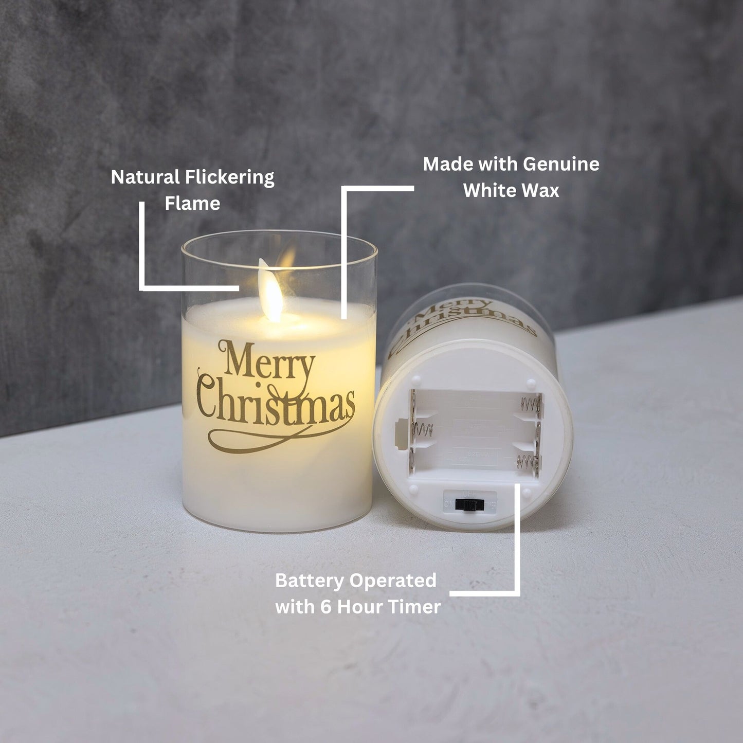 Battery Operated Glass LED Candles with Flickering Flame, Merry Christmas - Set of 2