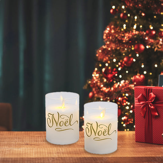 Battery Operated Glass LED Candles, Noel - Set of 2