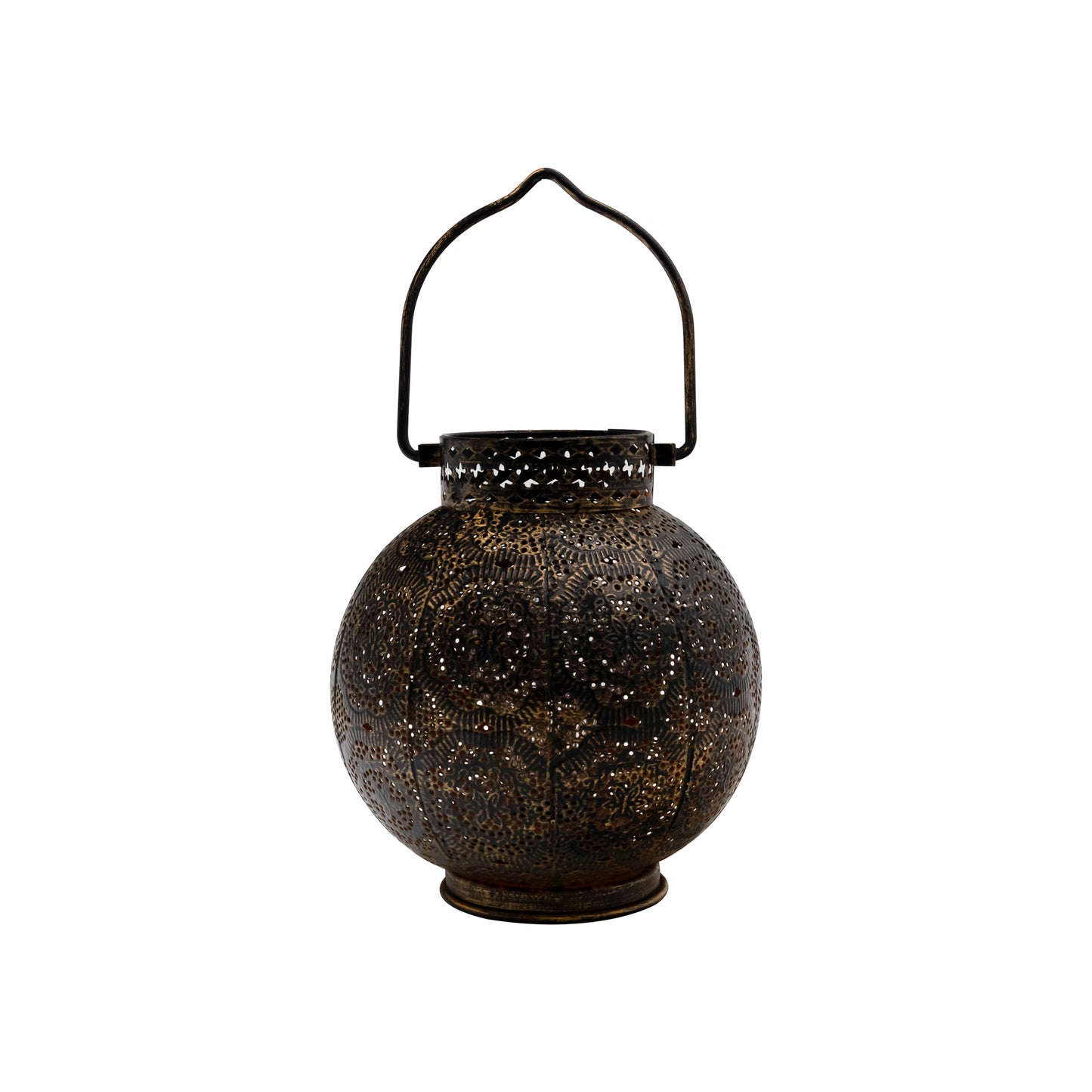 Battery-Operated Bronze Metal Lantern with Cut-Out Design and White Lights