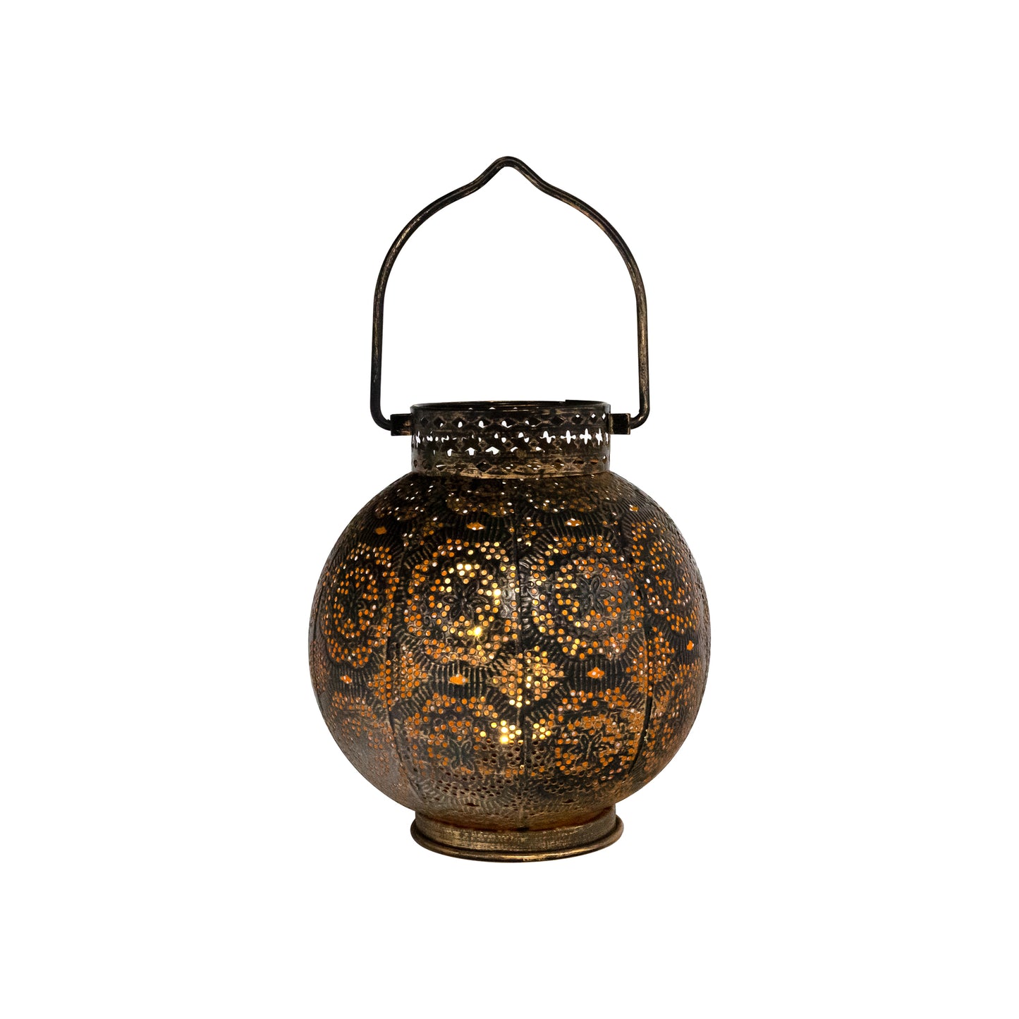 Battery Operated Bronze Metal Lantern with Cut Out Design and White Lights