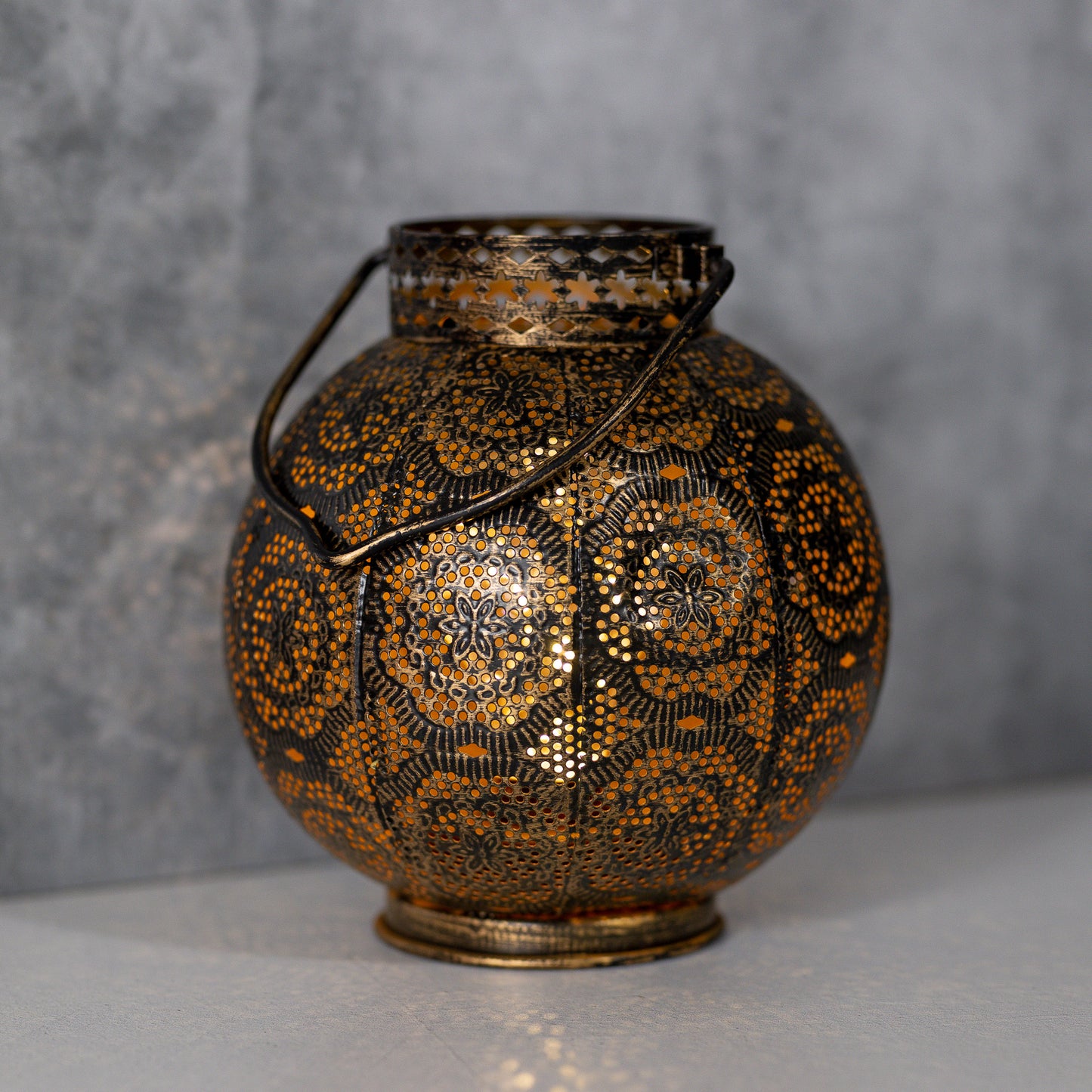 Battery Operated Bronze Metal Lantern with Cut Out Design and White Lights
