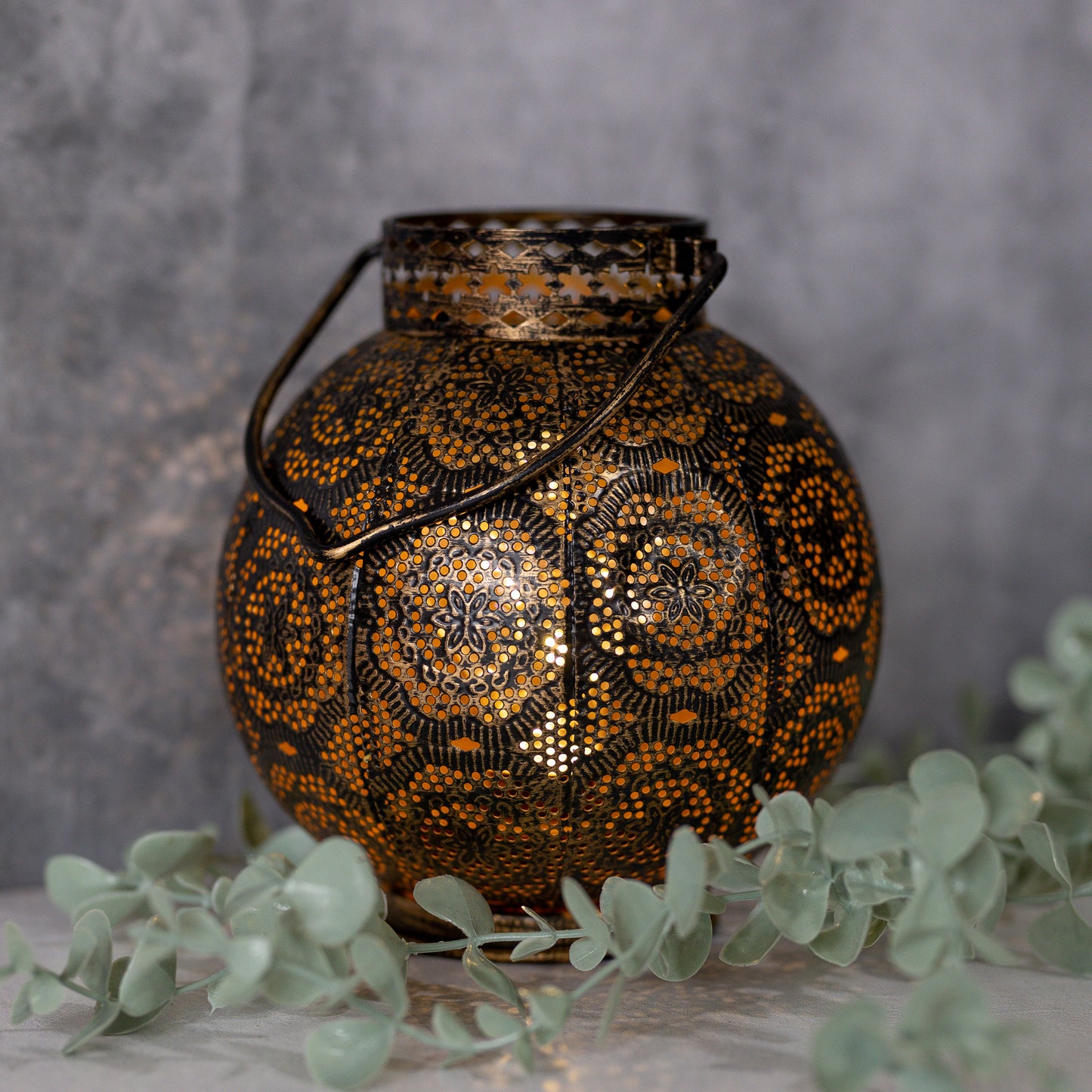 Battery Operated Bronze Metal Lantern with Cut Out Design and White Lights