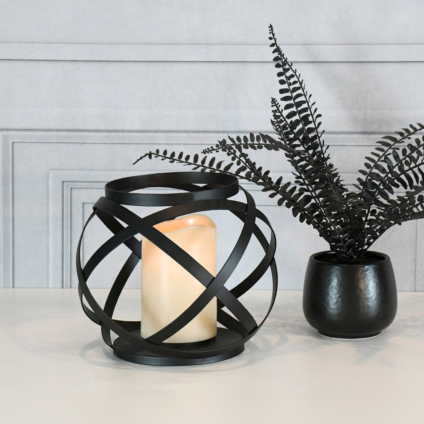 Black Banded Metal Lantern with Battery Operated Candle
