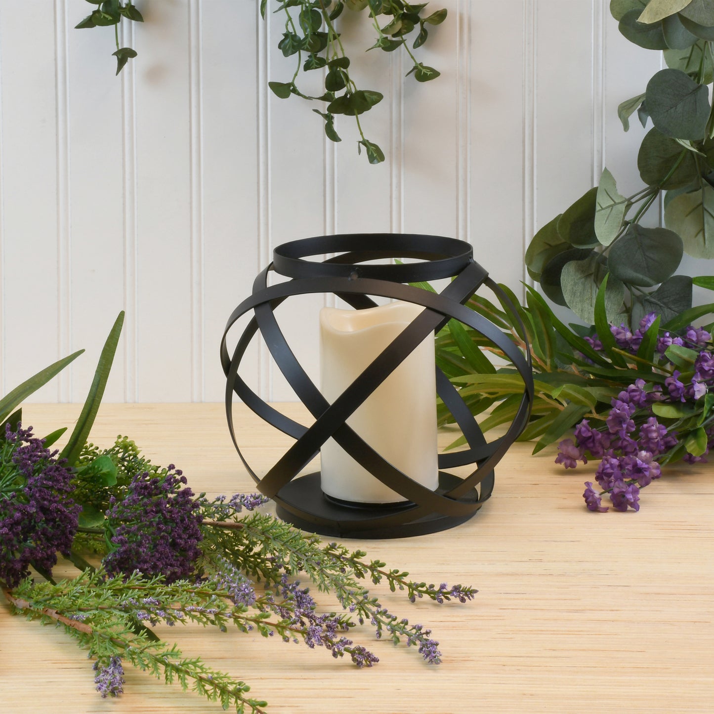 Black Banded Metal Lantern with Battery Operated Candle