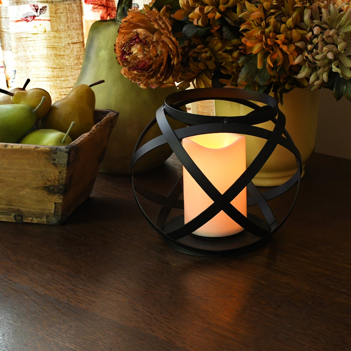 Black Banded Metal Lantern with Battery Operated Candle