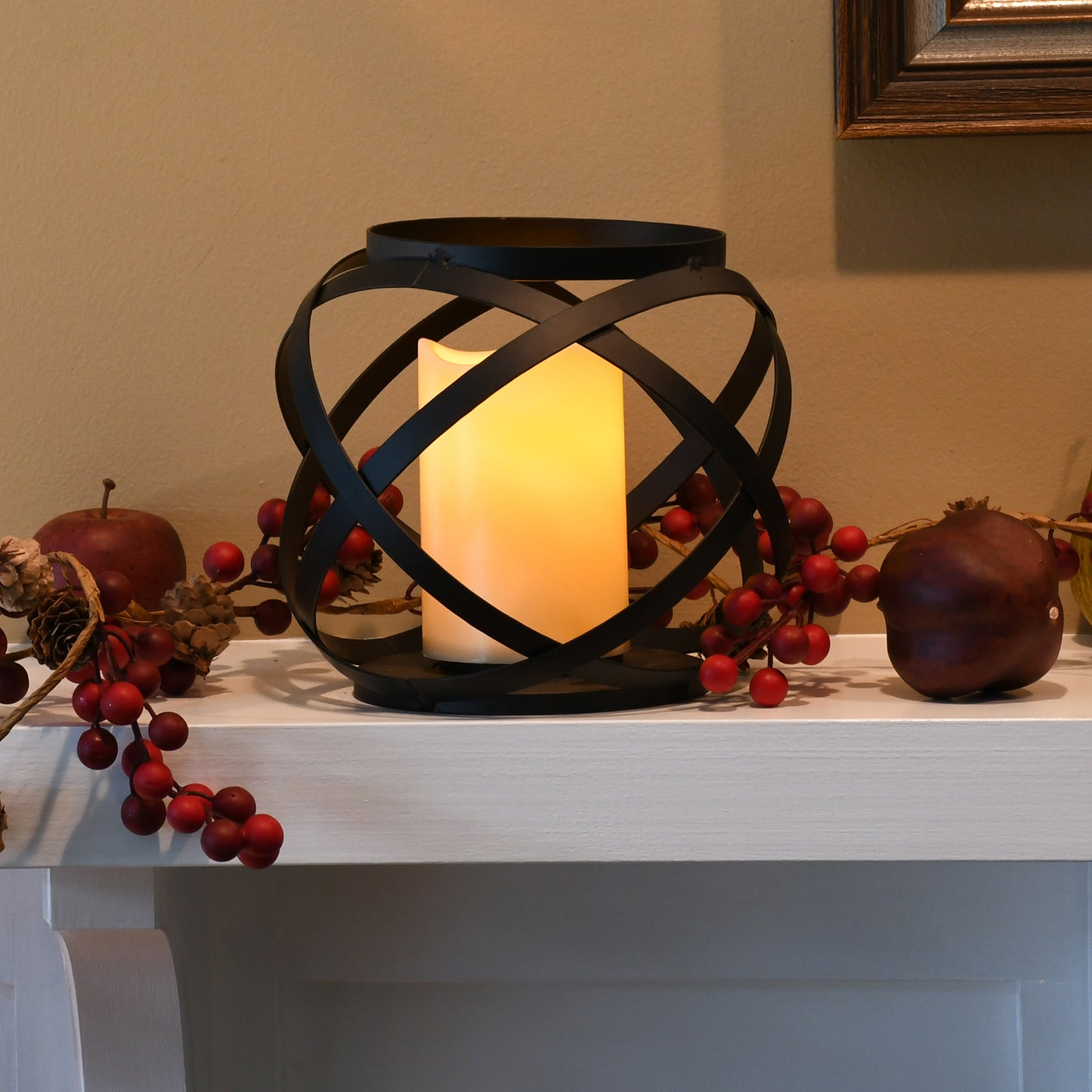 Black Banded Metal Lantern with Battery Operated Candle