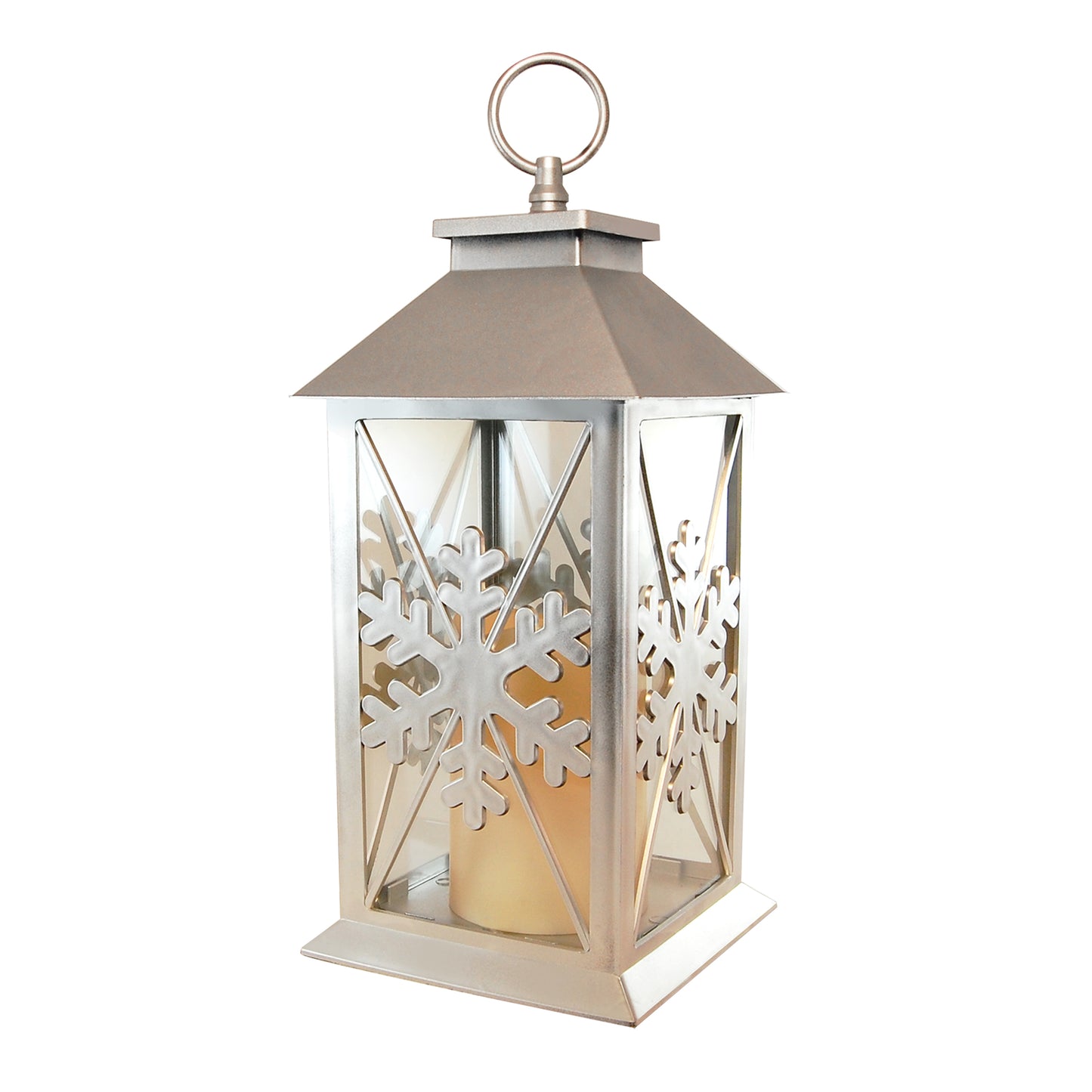 Silver Snowflake Lantern with Battery-Operated Candle