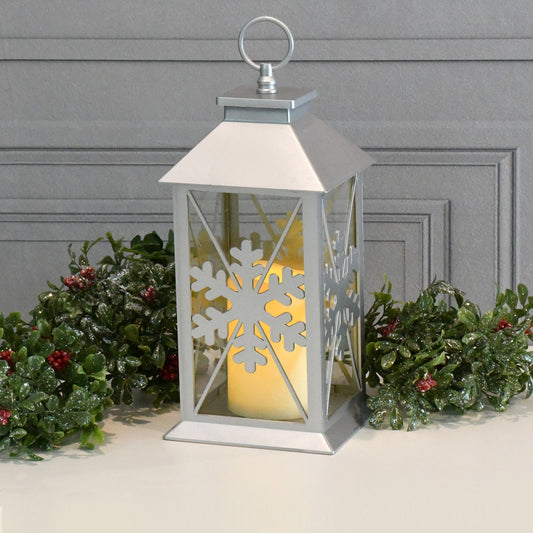 Silver Snowflake Lantern with Battery-Operated Candle